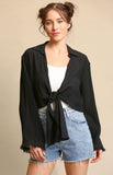 fringe sleeve front tie shirt