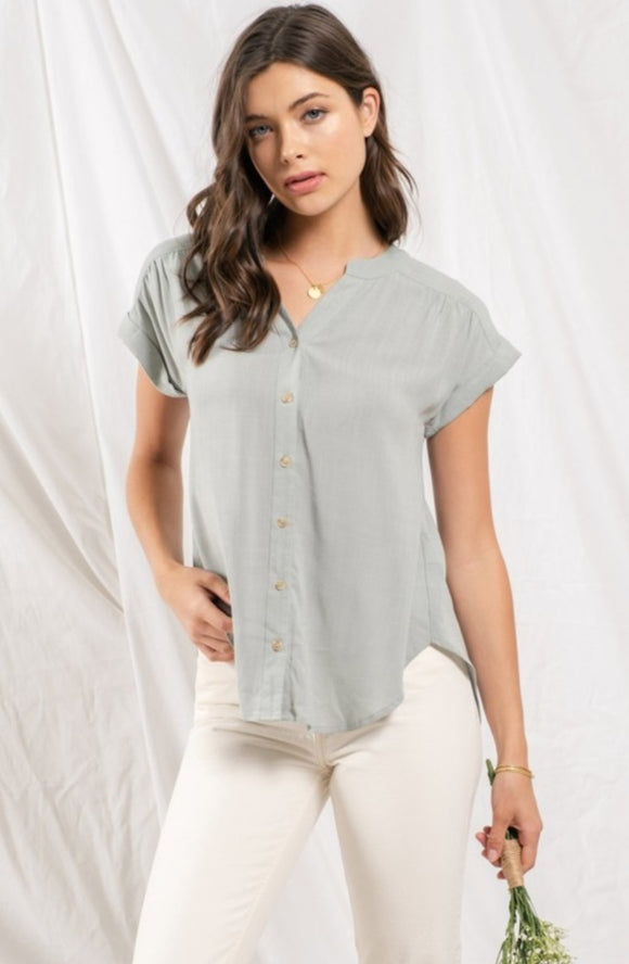 rolled sleeve woven top- sage