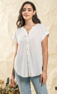 Rolled sleeve woven top- white