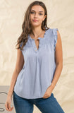 Ruches sleeveless woven top- chambray