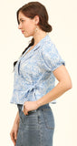 blue floral wrap collar with puff sleeve