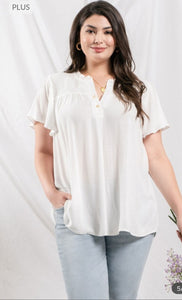 plus smocked shoulders woven top- white