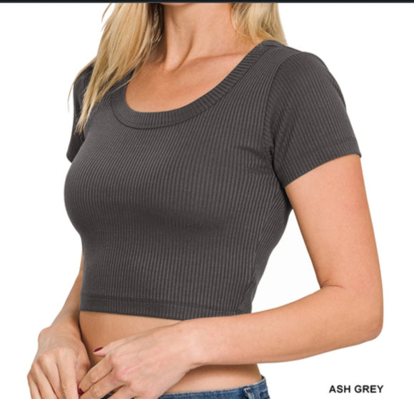 ribbed short sleeve scoop neck top- ash grey