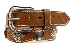 3D Belt DWC1372-42 Brown Floral Embossed Strap with Diamond Belt