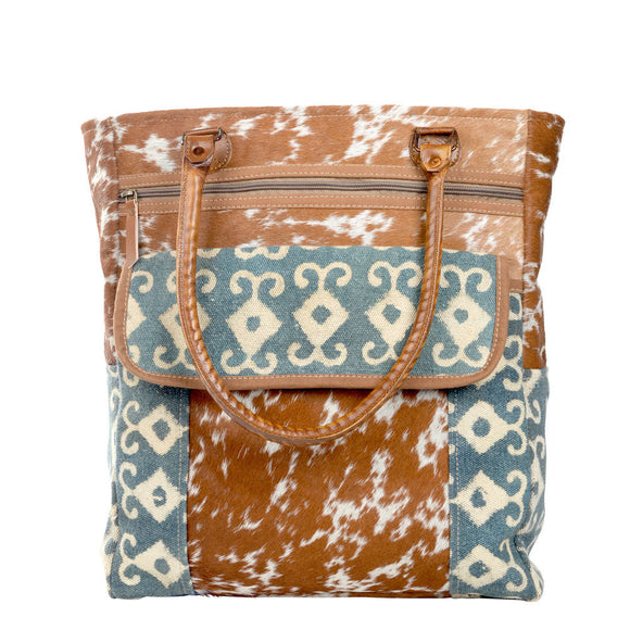 Teal And Brown Tote Bag With Cowhide