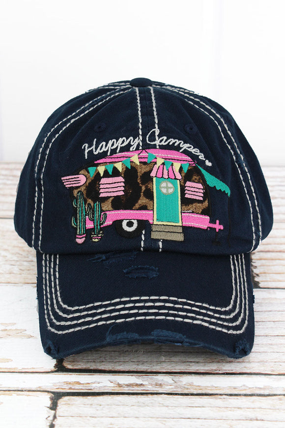 DISTRESSED NAVY WITH LEOPARD 'HAPPY CAMPER' CAP