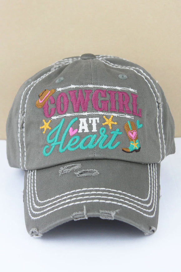 DISTRESSED STEEL GRAY 'COWGIRL AT HEART' CAP