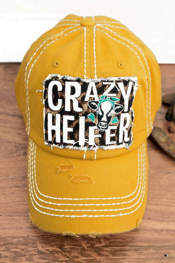 DISTRESSED YELLOW 'CRAZY HEIFER' CAP