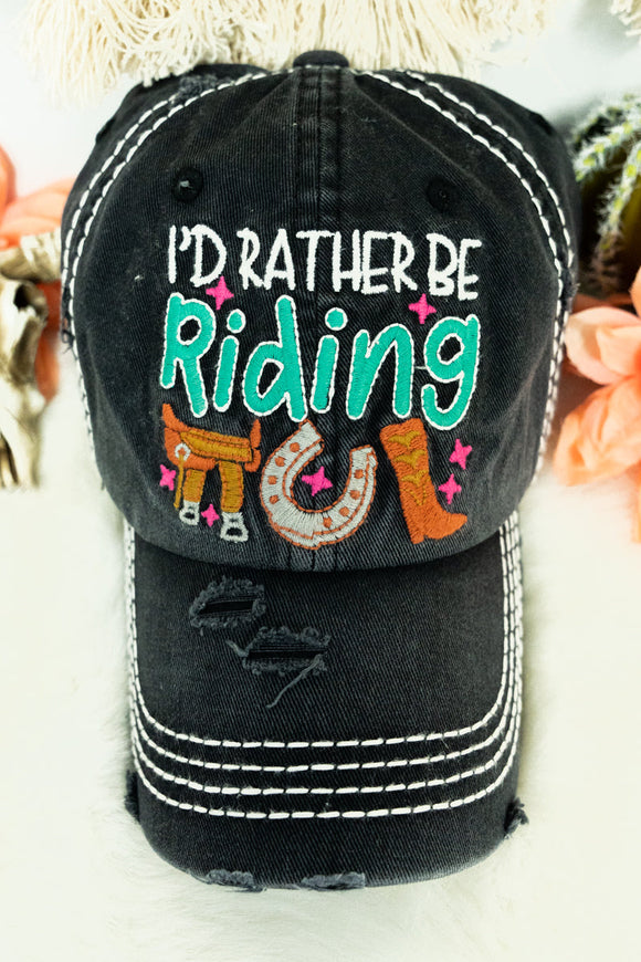 DISTRESSED BLACK 'I'D RATHER BE RIDING' CAP