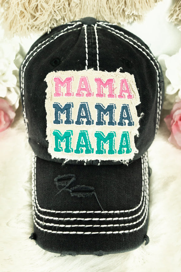 DISTRESSED BLACK STACKED MAMA CAP