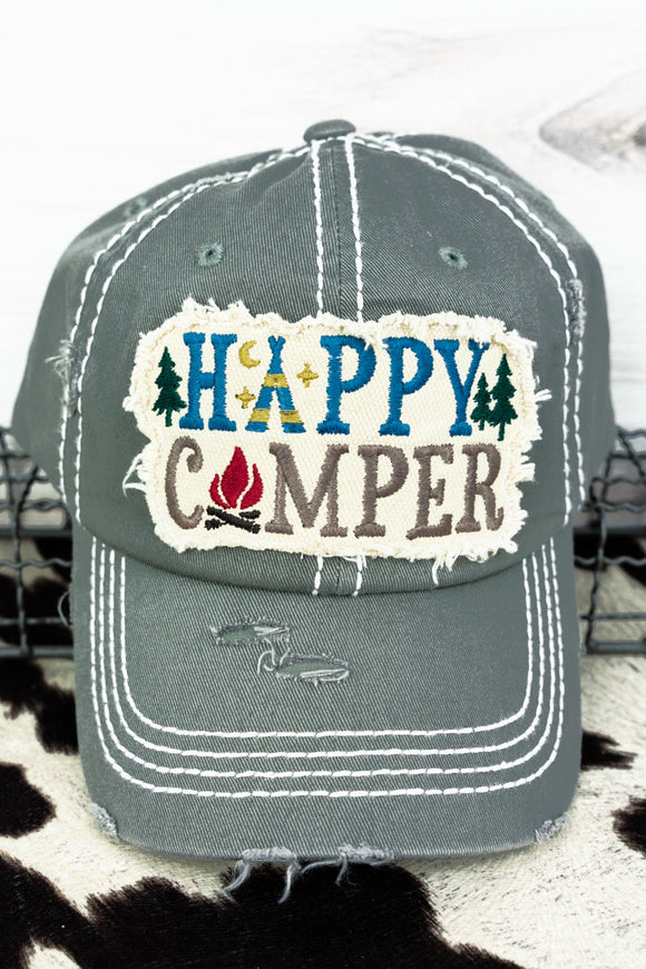 DISTRESSED STEEL GRAY 'HAPPY CAMPER' CAP *