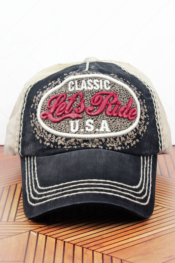 DISTRESSED BLACK AND KHAKI 'LET'S RIDE' CAP