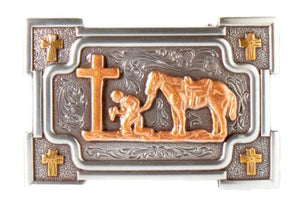 Nocona Western Mens Belt Buckle Rectangle Praying Cowboy Silver 37032