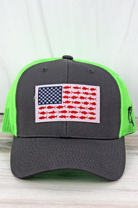 DARK GRAY AND NEON GREEN USA FISH FLAG MESH CAP